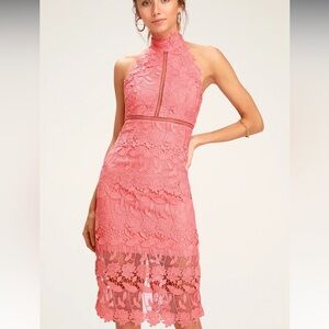 Bardot Noni Coral Pink Lace Halter Midi Dress